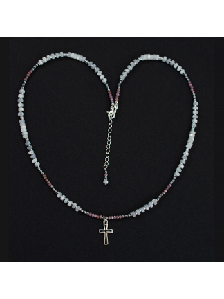 Naszyjnik ze srebra z krzyżykiem z rubinami i masą perłową - In Gloria