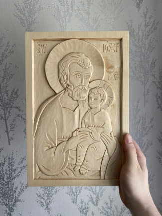 Święty Józef z Dzieciątkiem Jezus | Ręcznie rzeźbiona Ikona - In Gloria
