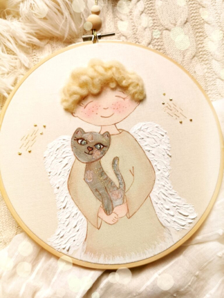 Aniołek z kotem, ręcznie malowany obrazek na pamiątkę Chrztu Św. - In Gloria